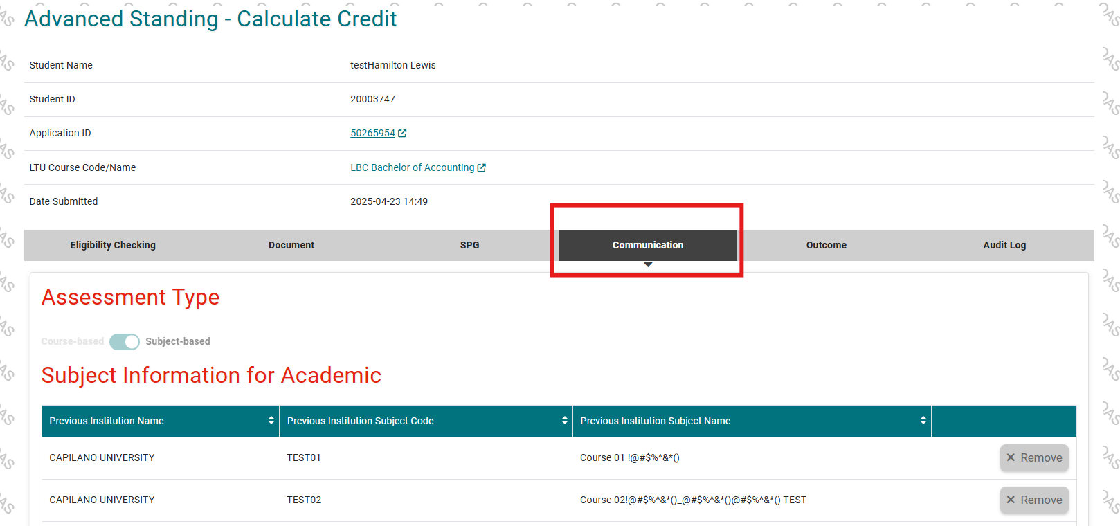 Communication tab for academic assessment