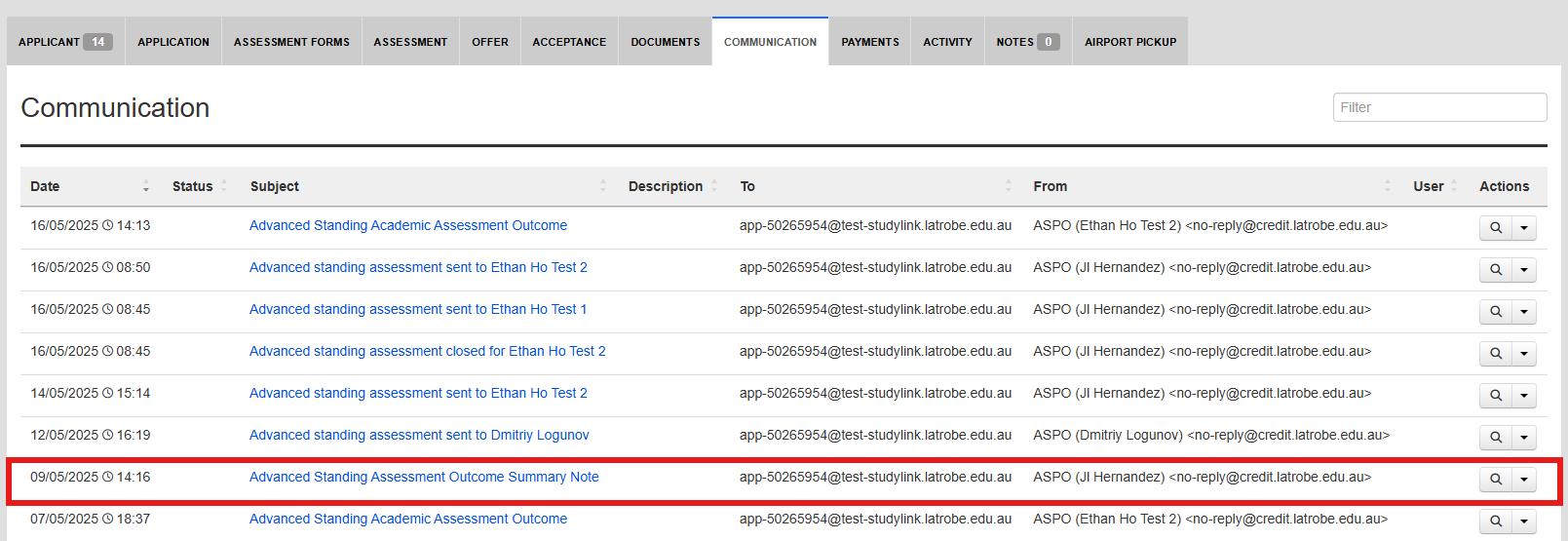 StudyLink integration showing outcome notes